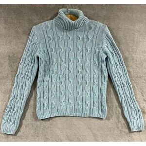 Vintage 90s Chunky Cable Knit  Light Blue Cotton Ramie Turtleneck Sweater Sz S